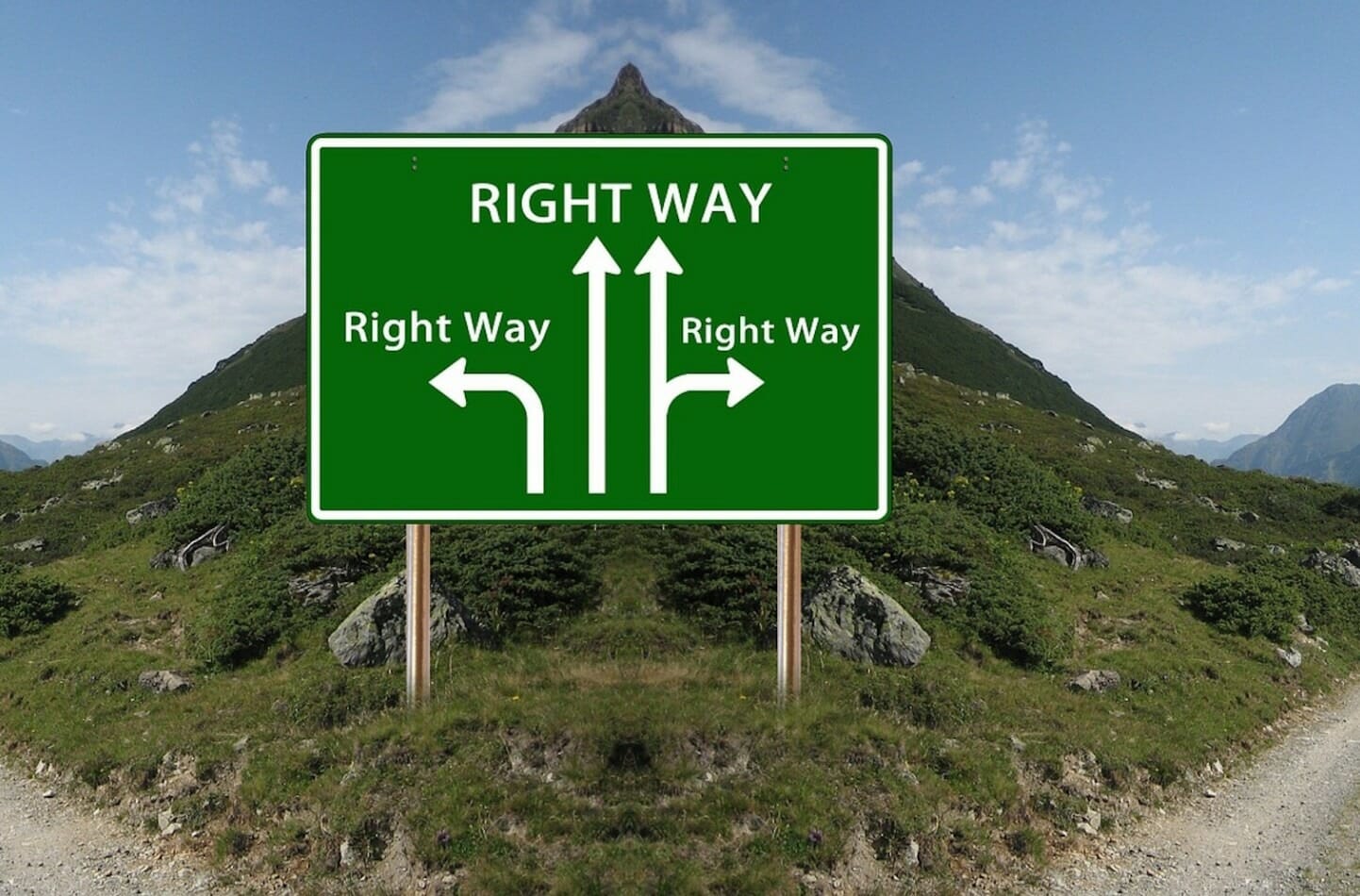 Comical sign pointing in three directions that show the right way