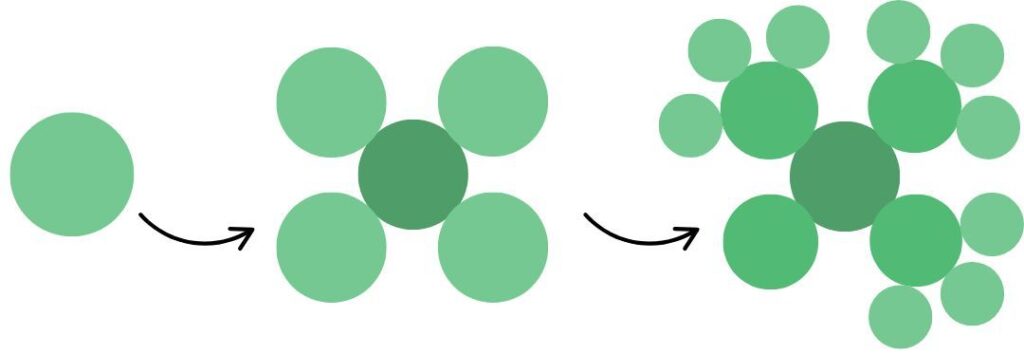 A circle turns into 4 circles around one circle, which then turns into. a fractal pattern of sub-sub-circles on sub-circles around the main circle.