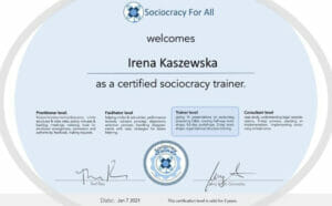 Irena´s certificate 01 - The first certified sociocracy trainer in Poland! - Sociocracy For All