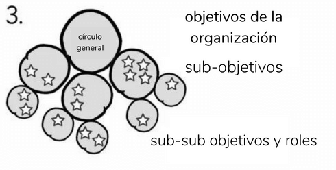  Una estructura organizativa sociocrática con subcírculos, subsubcírculos y estrellitas que representan funciones operativas en su interior.  - Sociocracia Práctica - Sociocracy For All