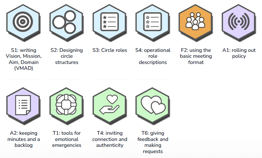 Image of the 10 badges required for certification at the practitioner level.Clicking on this image will take you to the badges page.