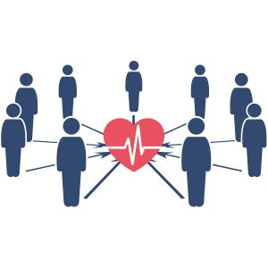 A group of people in an organization around a heart.