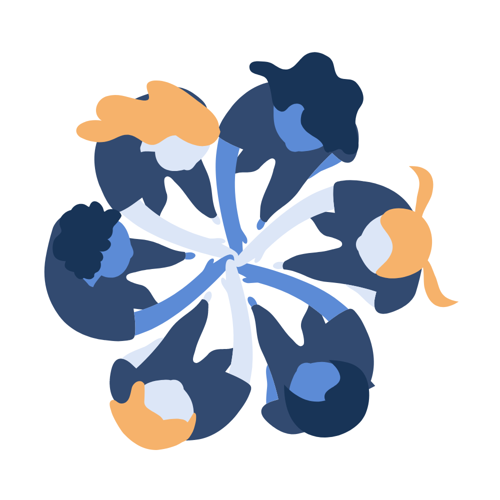 An abstract illustration of six diverse individuals forming a circle and joining their hands in the center, symbolizing unity, collaboration, and shared power. The image uses a palette of blues and includes some individuals with orange hair.