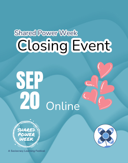 Flyer for the 'Shared Power Week Closing Event.' The event is scheduled for September 20 and will be held online. The flyer features a graphic with pink heart icons and the logos for 'Shared Power Week' and a blue flower-like symbol. The background is a wavy blue pattern.