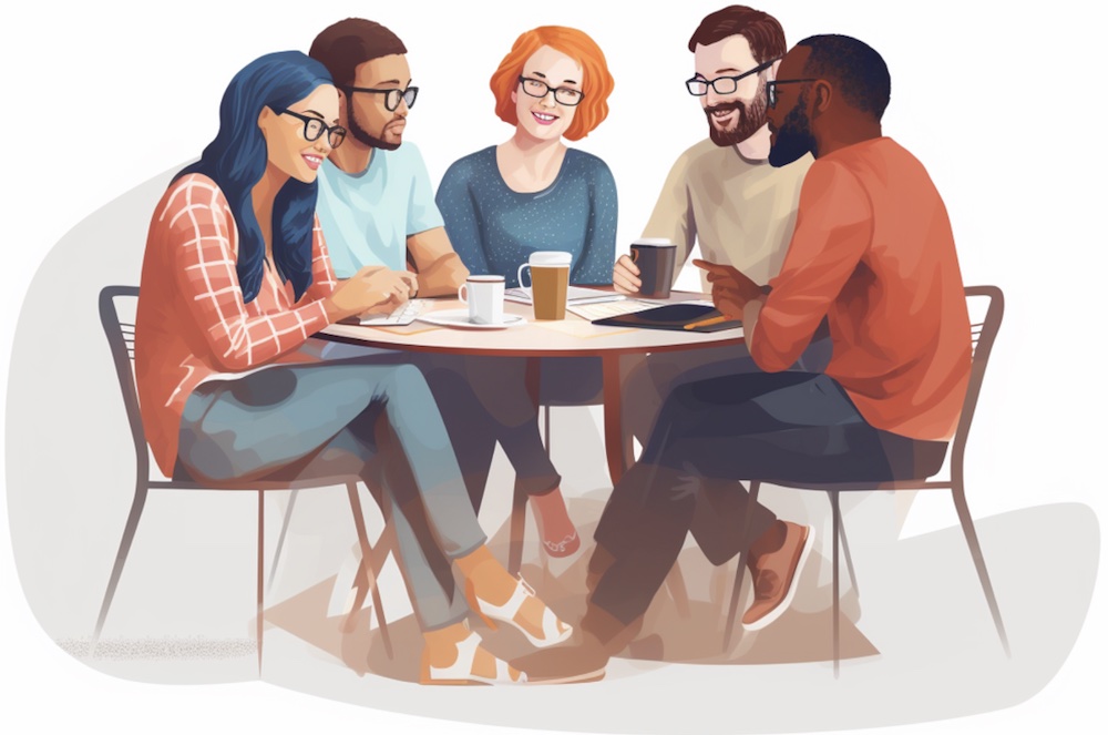 a group of people around a table in a circle meeting