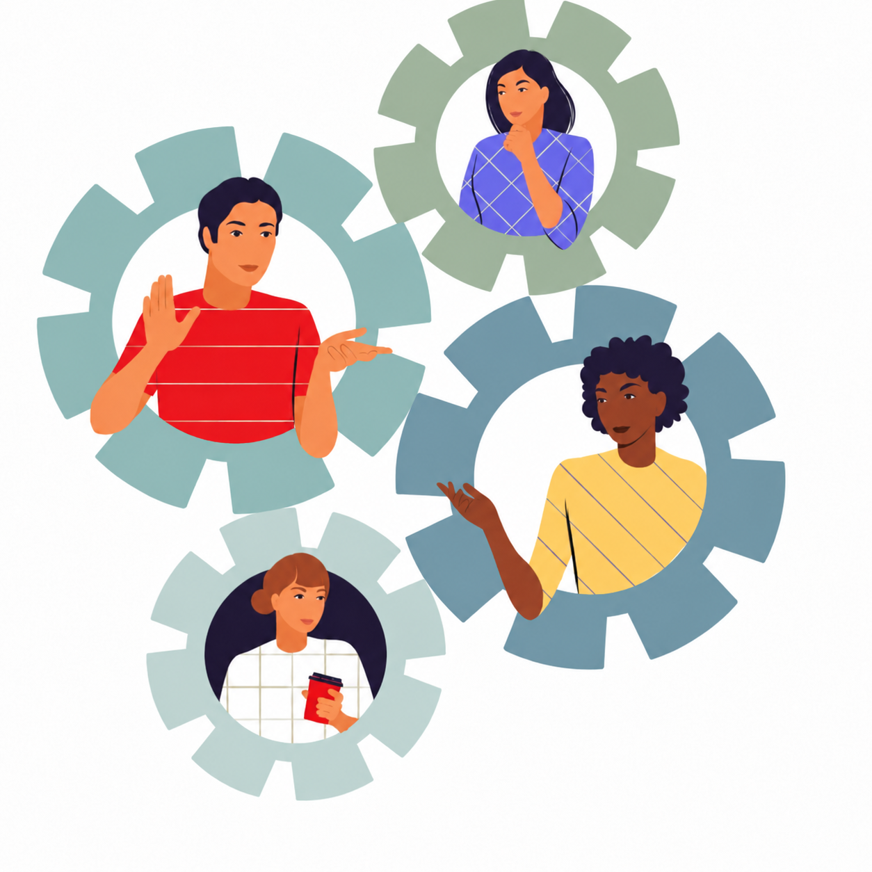 Personas rodeadas de engranajes suaves - gestión participativa - Sociocracy For All